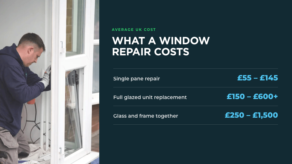 Average UK cost of a window repair: single pane repair £55 to £145, full glazed unit replacement £150 to £600 or more, glass and frame together £250 to £1,500.