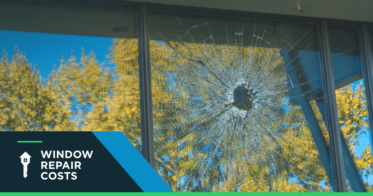 A smashed pane of glass in a window frame, with the caption Window Repair Costs.
