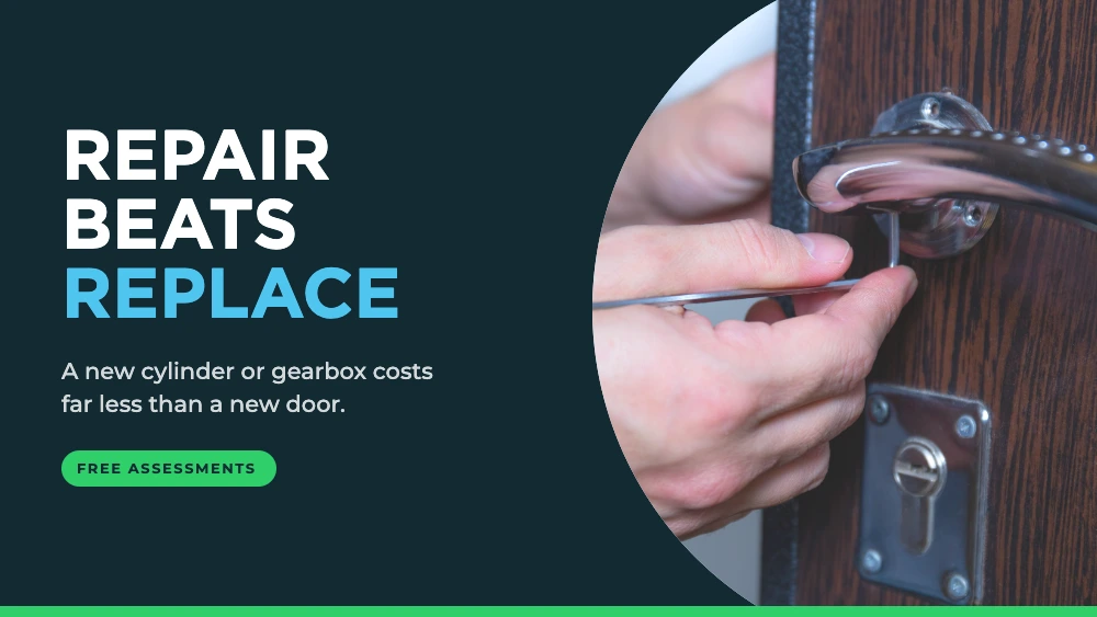 Repair beats replace: a new cylinder or gearbox costs far less than a new door. Free assessments available.