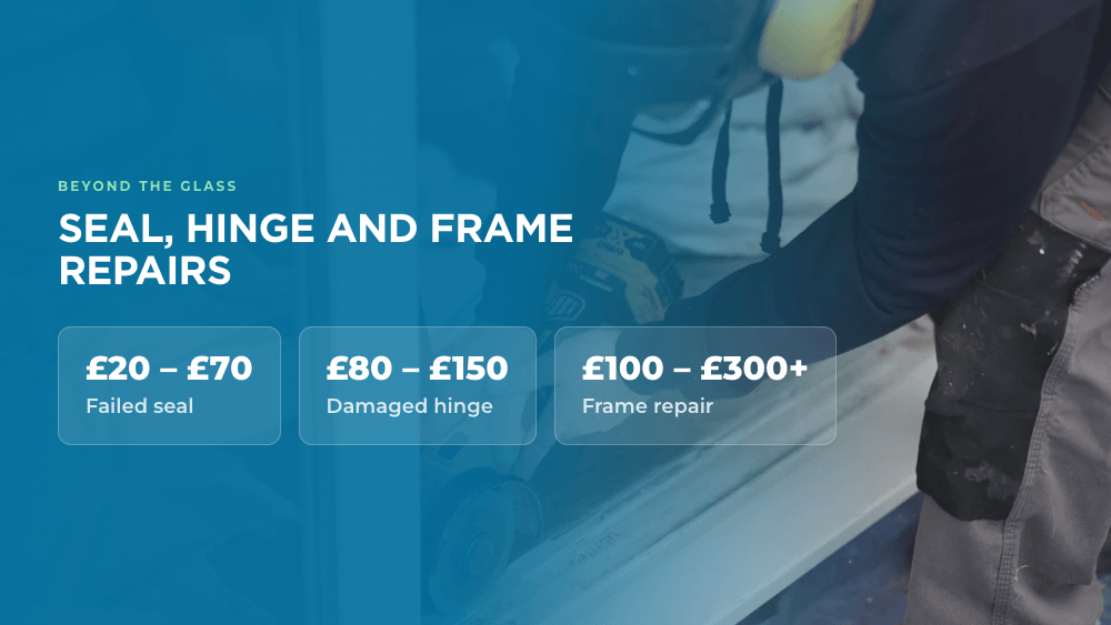 Costs beyond the glass: failed seal £20 to £70, damaged hinge £80 to £150, frame repair £100 to £300 or more.